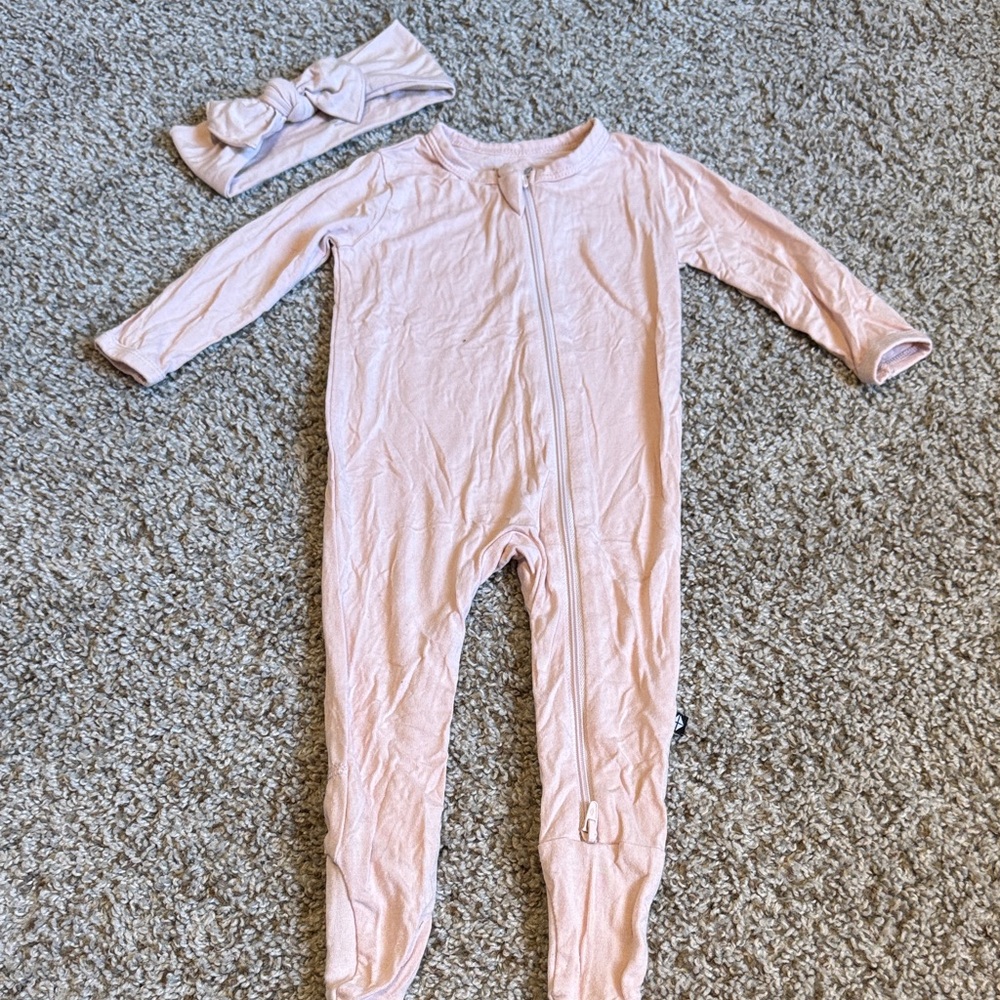 Kyte BABY Size 3-6 Zippered Footie + Headband - Blush